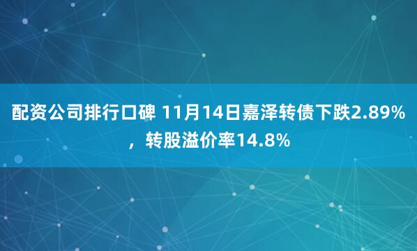 配资公司排行口碑 11月14日嘉泽转债下跌2.89%,转股溢价率14.8%